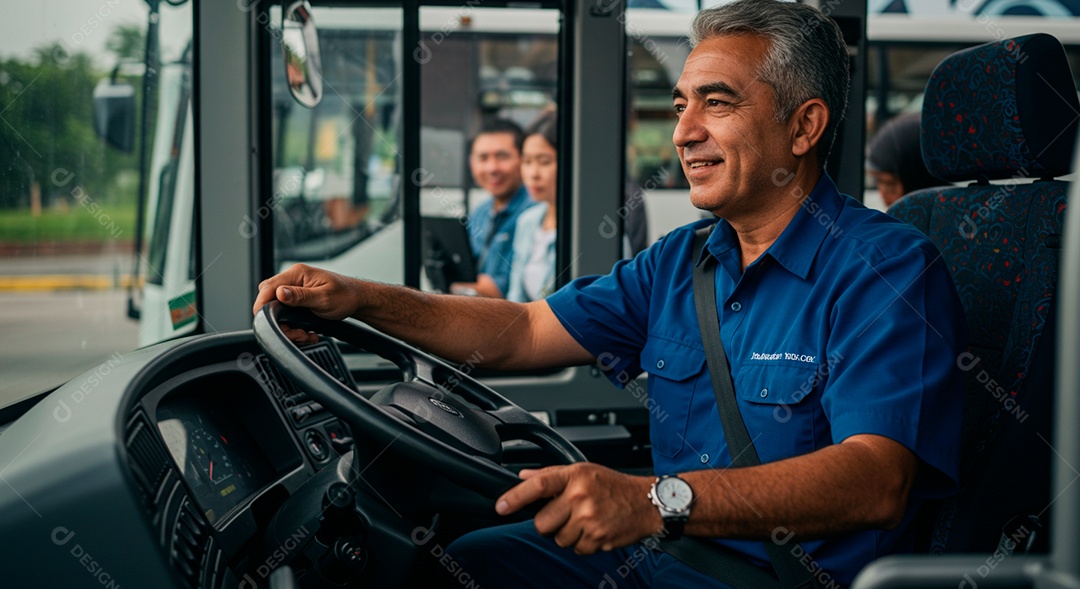 Homem meia idade dirigindo ônibus