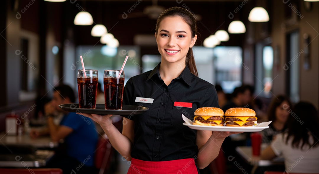 Linda mulher trabalhando sobre restaurante de garçonete