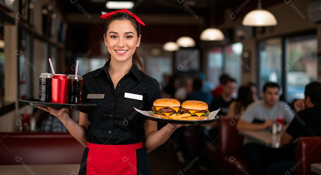 Linda mulher jovem trabalhando sobre restaurante garçonete