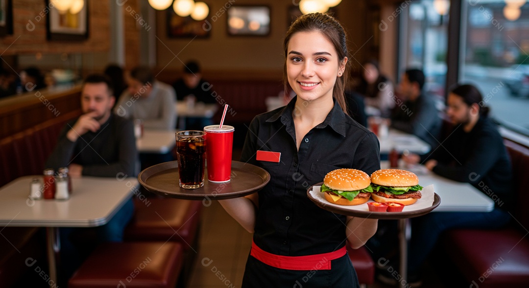 Linda mulher jovem trabalhando sobre restaurante garçonete