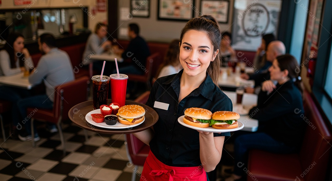 Linda mulher jovem trabalhando sobre restaurante garçonete