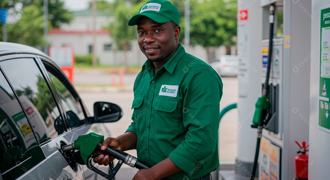 Homem jovem moreno frentista abastecendo carro