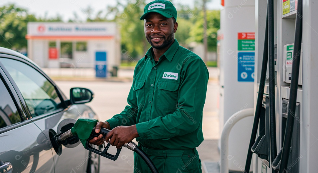 Homem jovem moreno frentista abastecendo carro