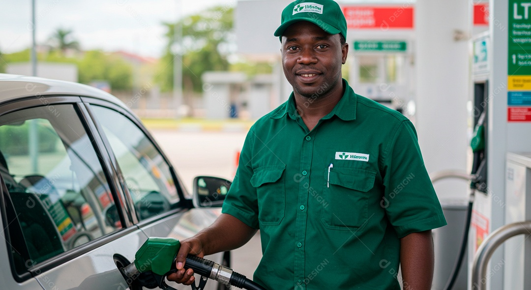 Homem jovem moreno frentista abastecendo carro