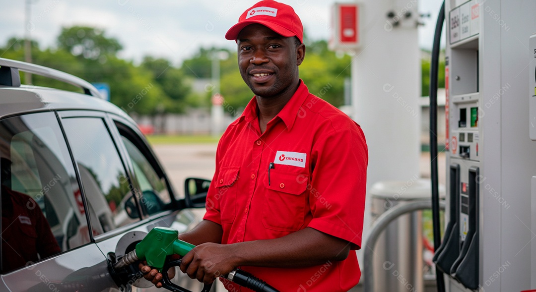 Homem jovem negro frentista abastecendo carro