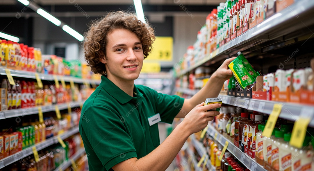 Homem jovem repositor de mercado