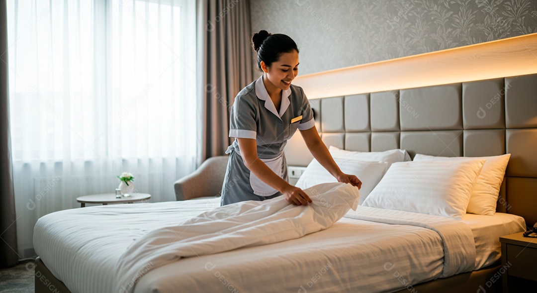 Mulher linda empregada domestica arrumando cama