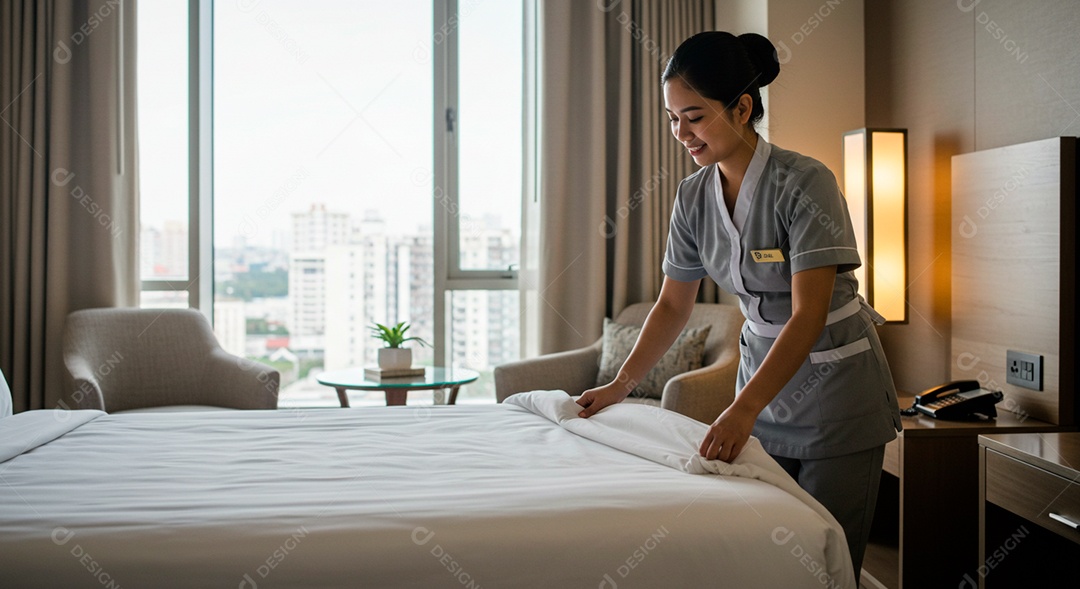 Mulher linda empregada domestica arrumando cama