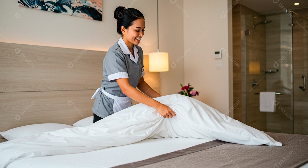 Mulher linda jovem empregada domestica arrumando cama