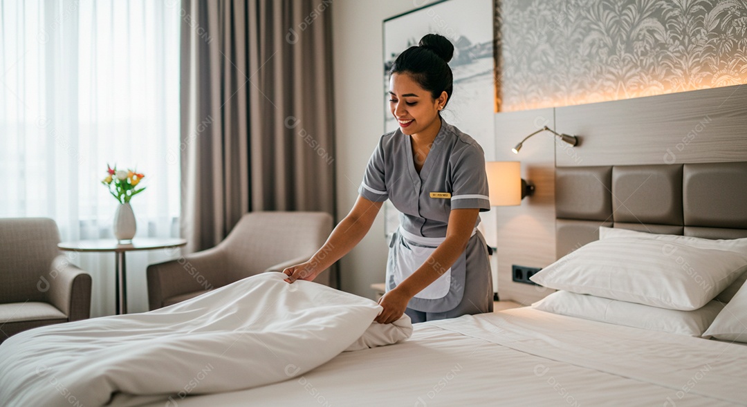 Mulher jovem empregada domestica arrumando cama