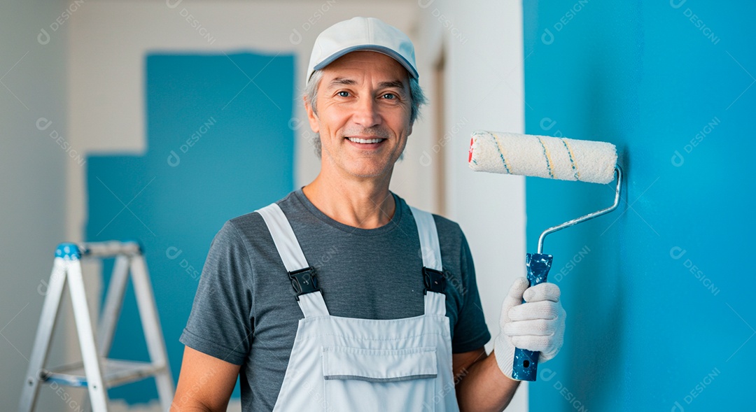 Homem meia idade pintando parede