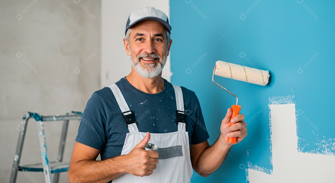 Homem meia idade pintando parede