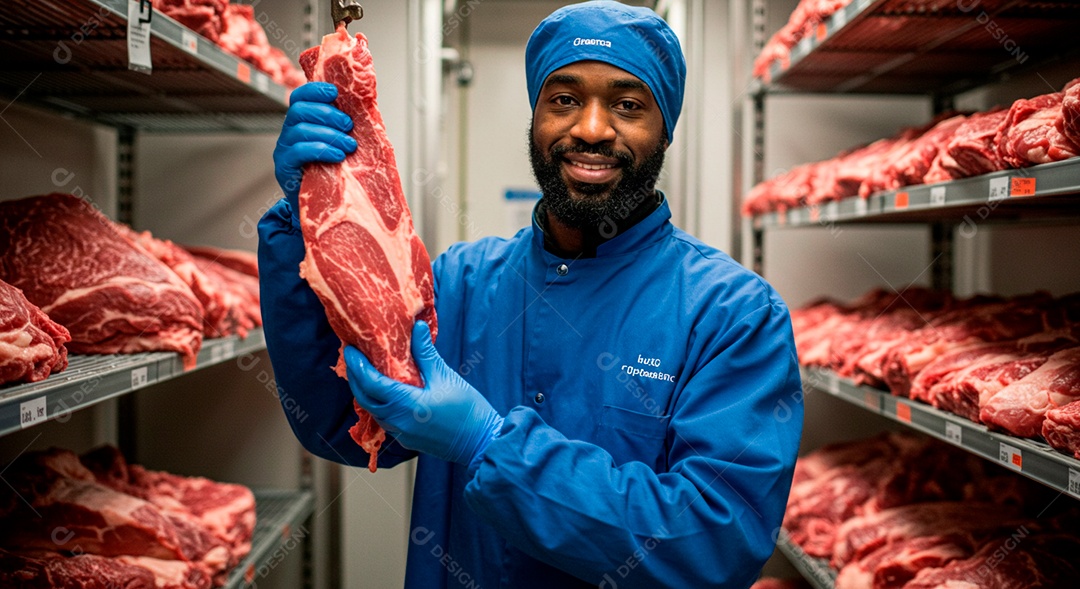 Homem açougueiro segurando peça carne