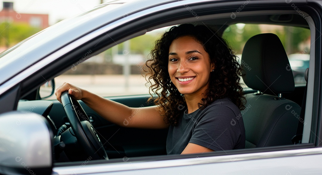 Linda mulher jovem cabelo cacheado dirigindo carro