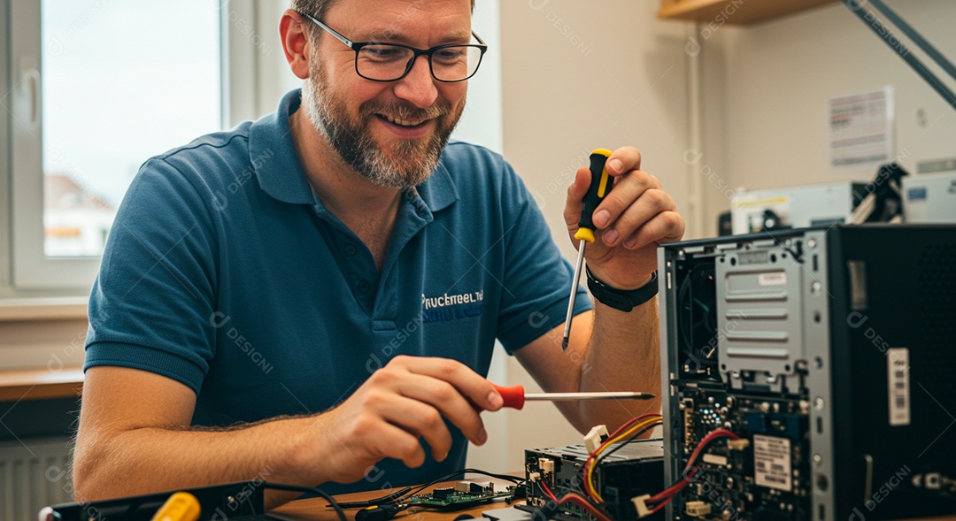 Homem meia idade técnico informática arrumando computador