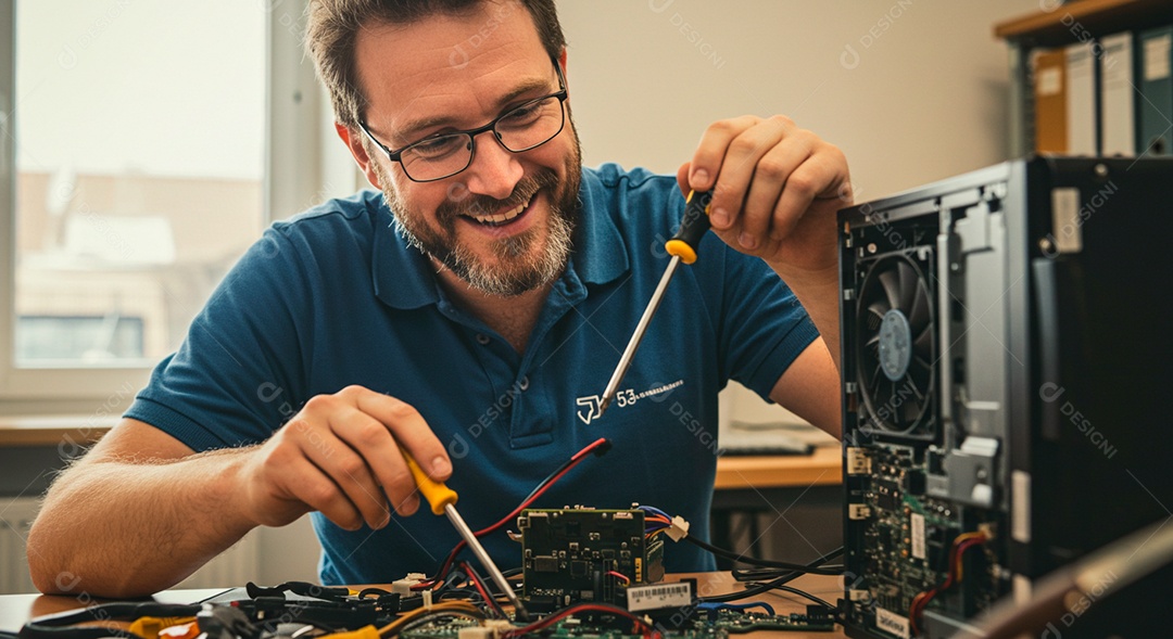 Homem meia idade técnico informática arrumando computador