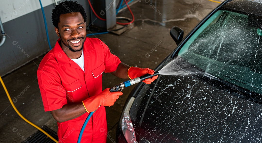 Homem jovem negro lavando carro sobre lava jato