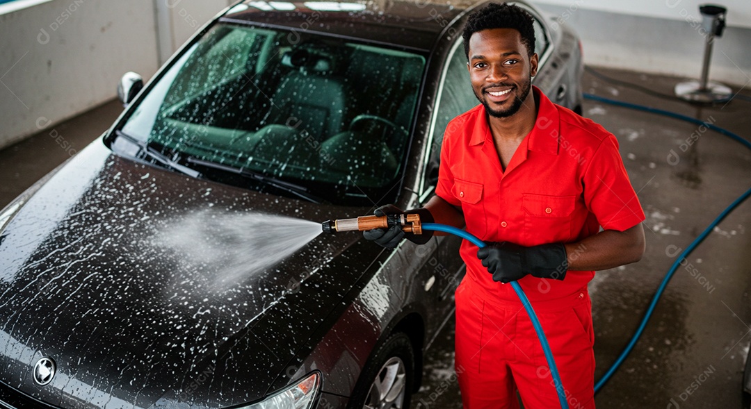 Homem jovem negro lavando carro sobre lava jato