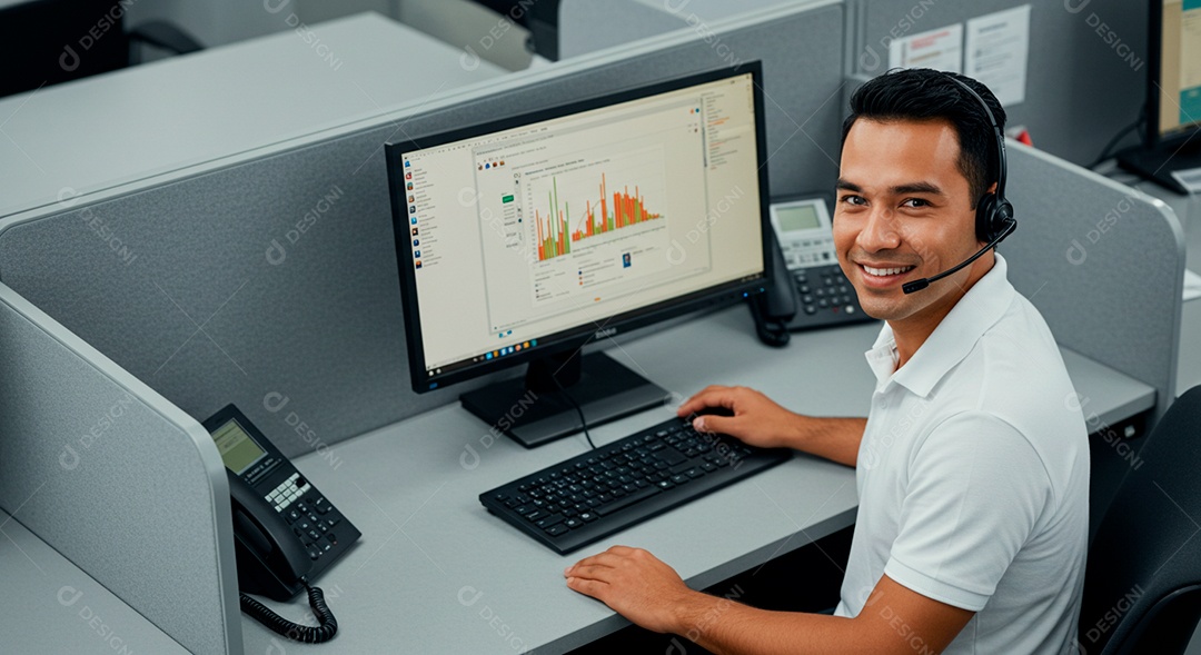 Homem jovem Telemarketing sorridente