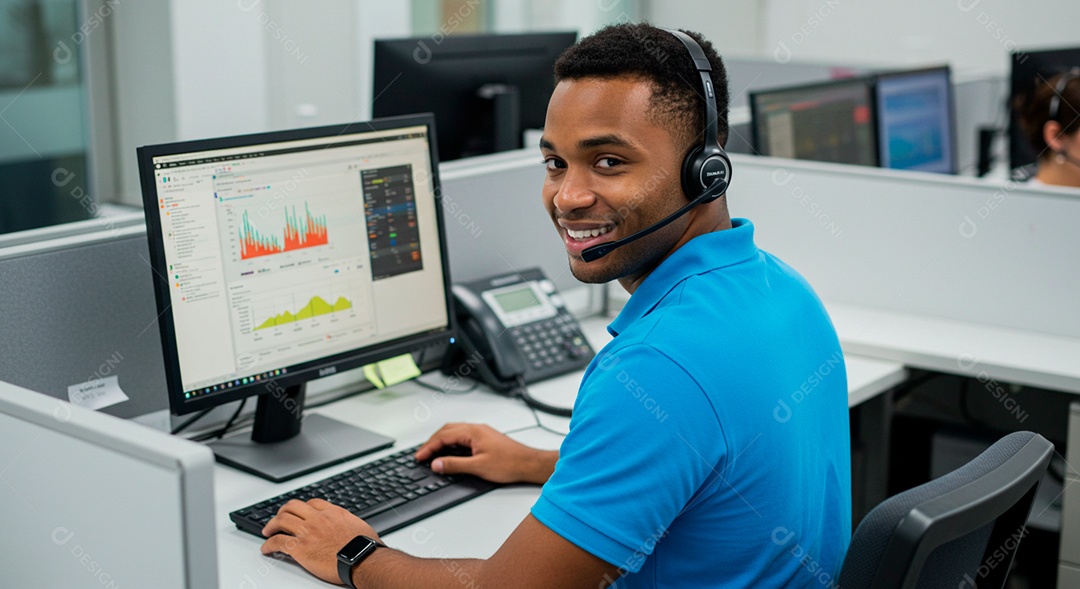 Homem jovem Telemarketing sorridente