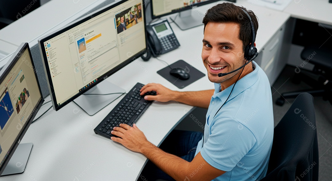 Homem jovem Telemarketing sorridente