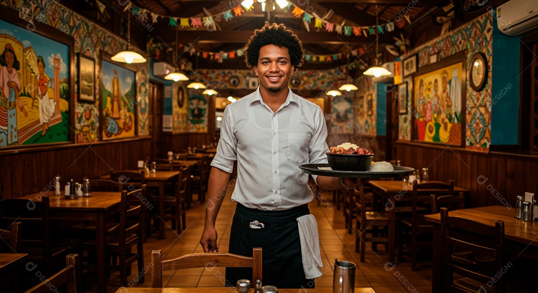 Homem jovem sorridente trabalhando sobre restaurante de garçom