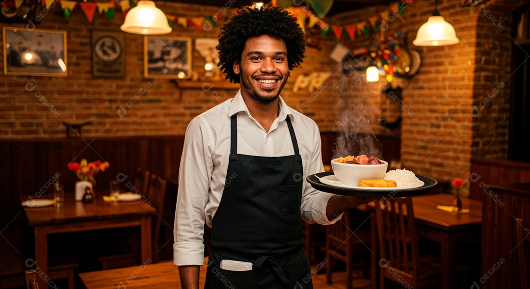 Homem jovem sorridente trabalhando sobre restaurante de garçom