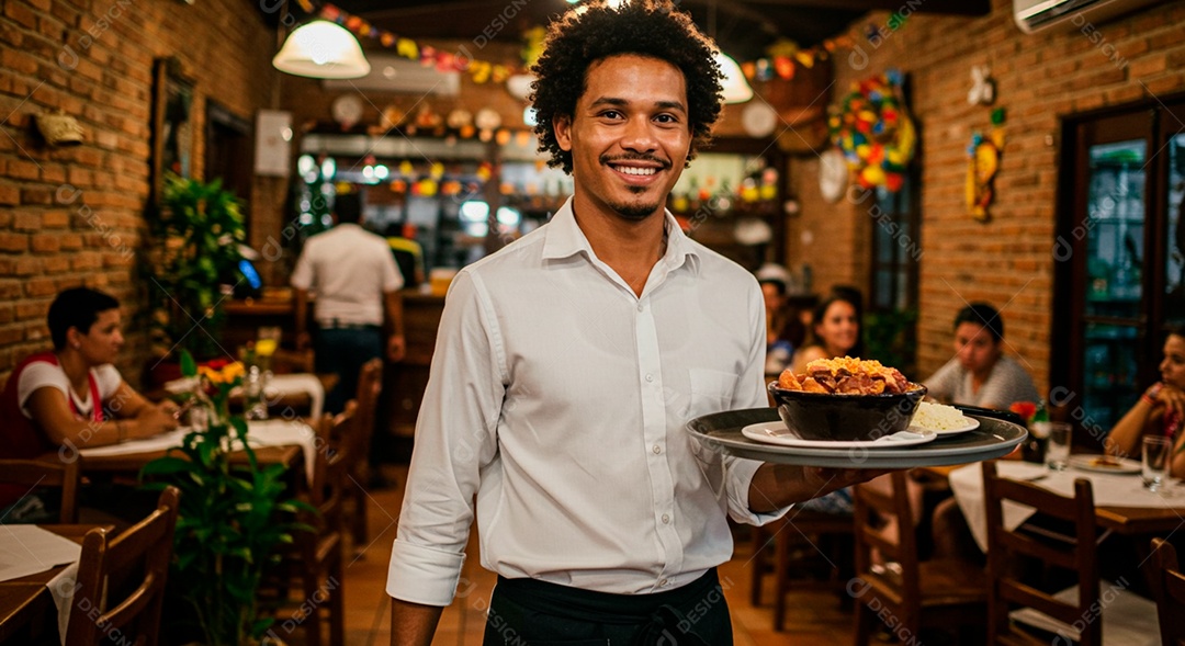 Homem jovem sorridente trabalhando sobre restaurante de garçom