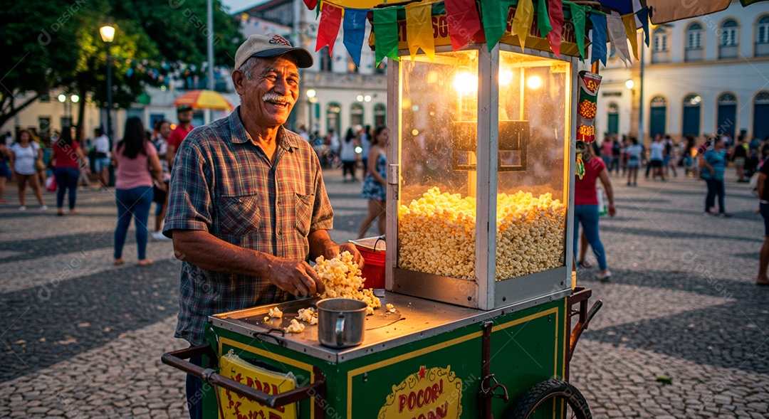 Homem meia idade trabalhando sobre praça pública vendendo pipoca