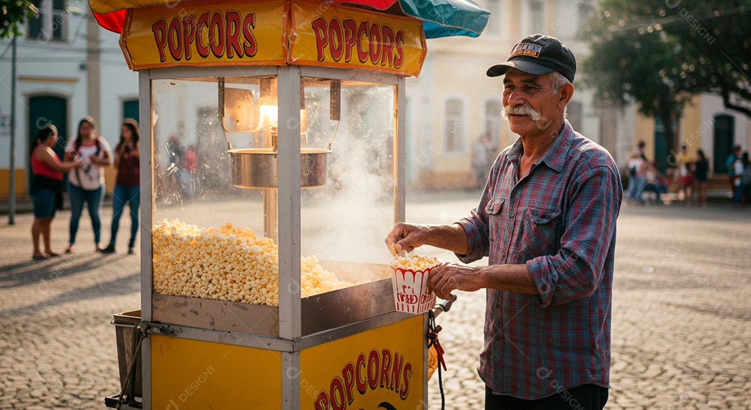 Homem idoso vendendo pipoca sobre local público