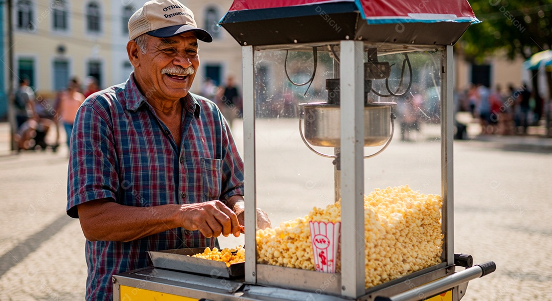 Homem idoso vendendo pipoca sobre local público