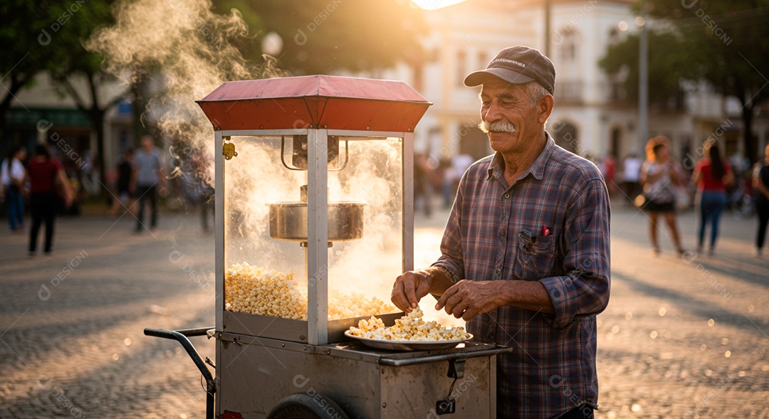 Homem idoso vendendo pipoca sobre local público
