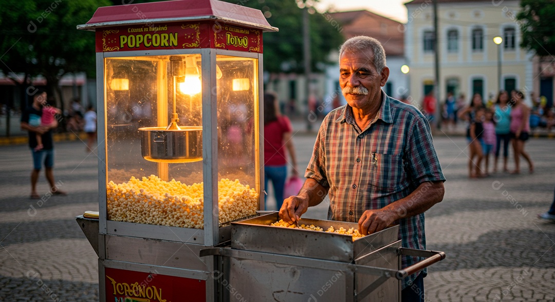 Homem idoso vendendo pipoca sobre local público