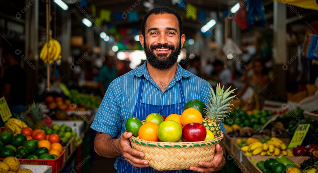 Homem moreno barbudo segurando cesta de fruta sobre feita