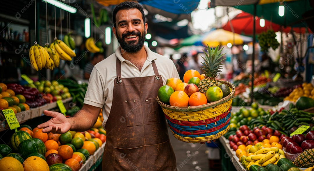 Homem moreno barbudo segurando cesta de fruta sobre feita