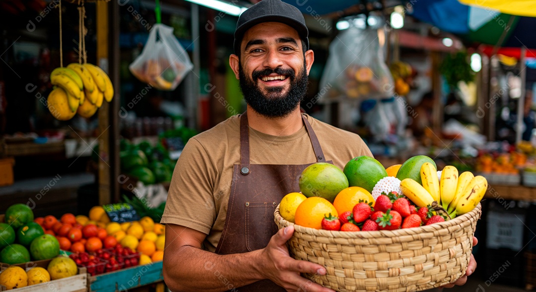Homem moreno barbudo segurando cesta de fruta sobre feita