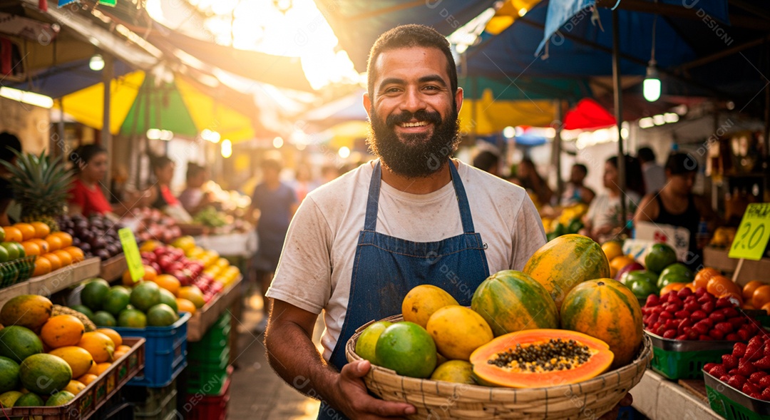 Homem moreno barbudo segurando cesta de fruta sobre feita