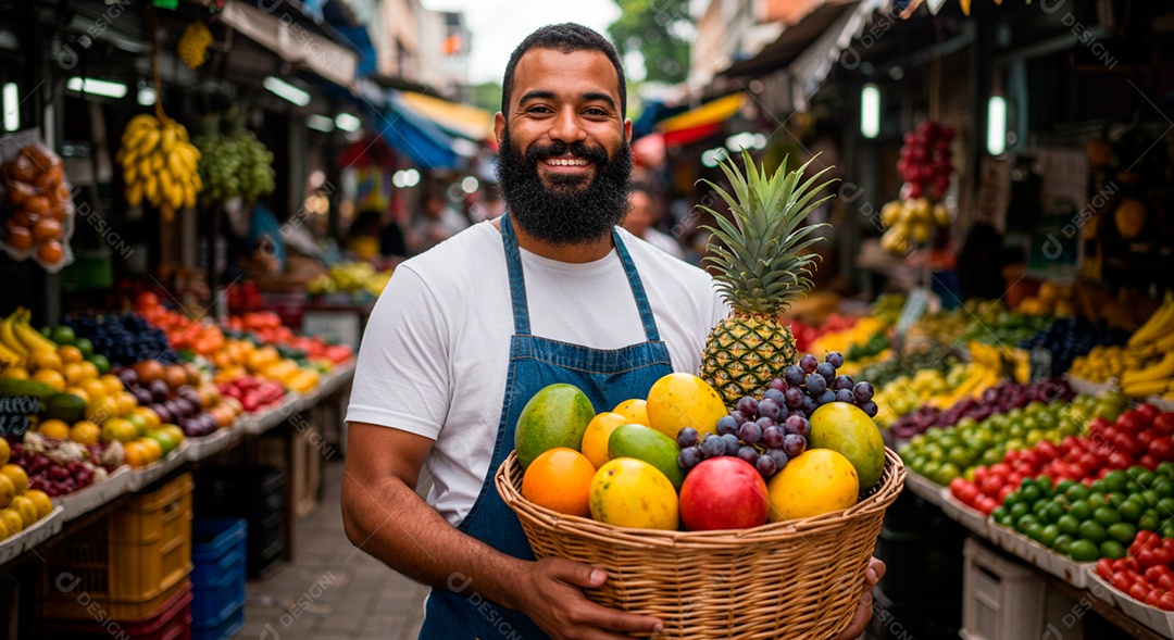 Homem moreno barbudo segurando cesta de fruta sobre feita