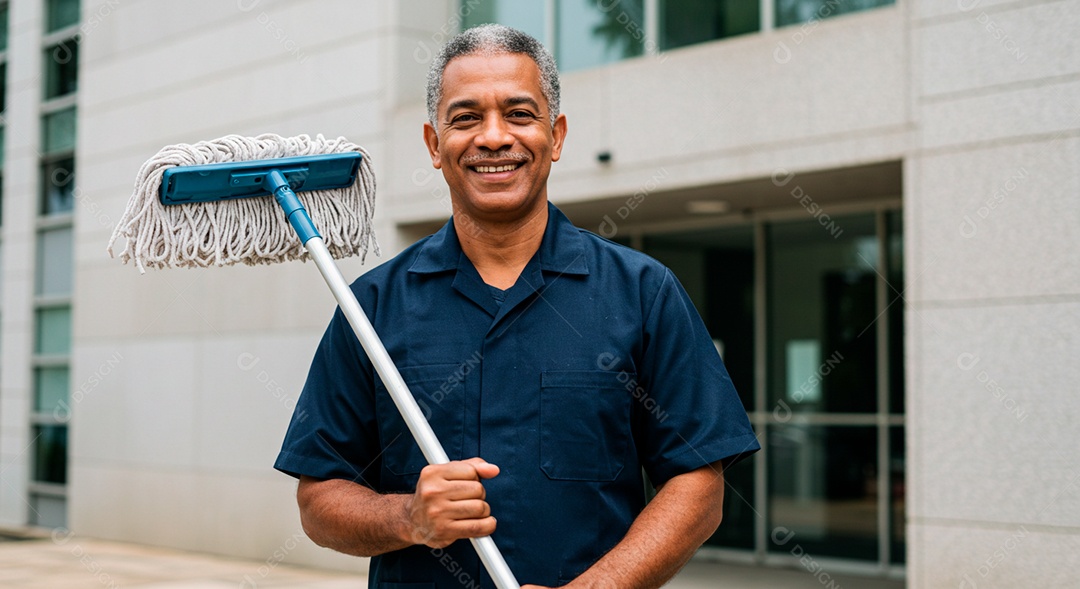 Homem meia idade sorridente limpando a calçada
