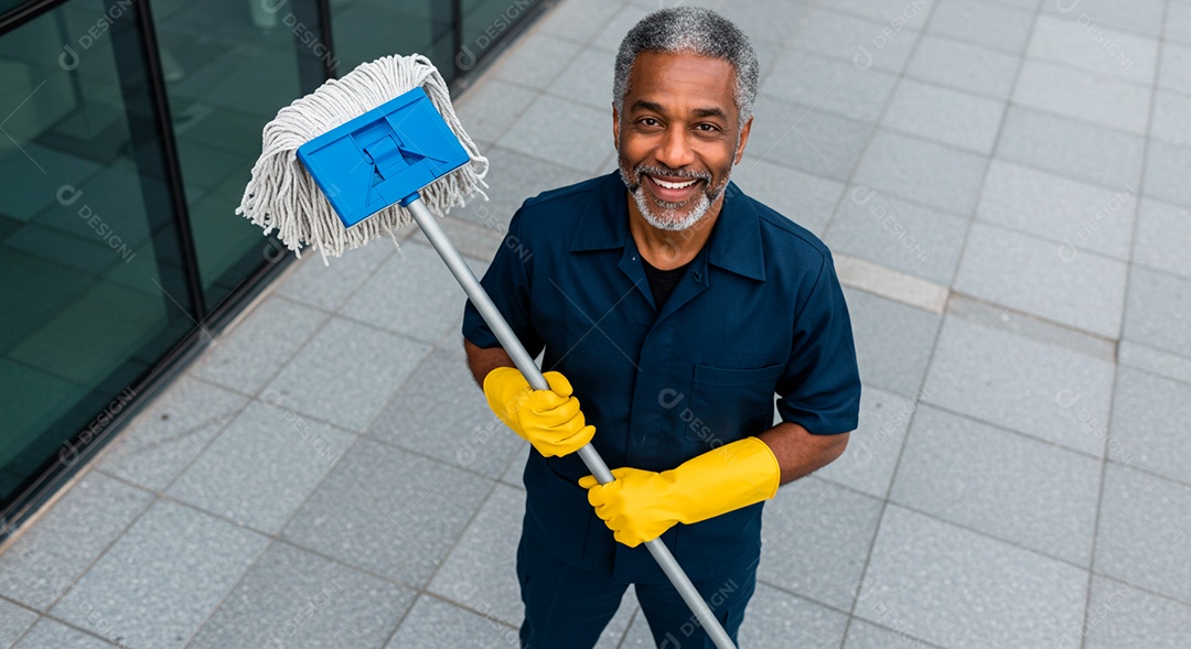 Homem meia idade sorridente limpando a calçada