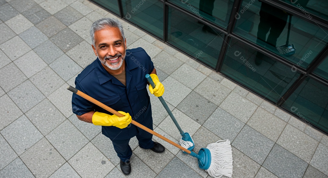 Homem meia idade sorridente limpando a calçada