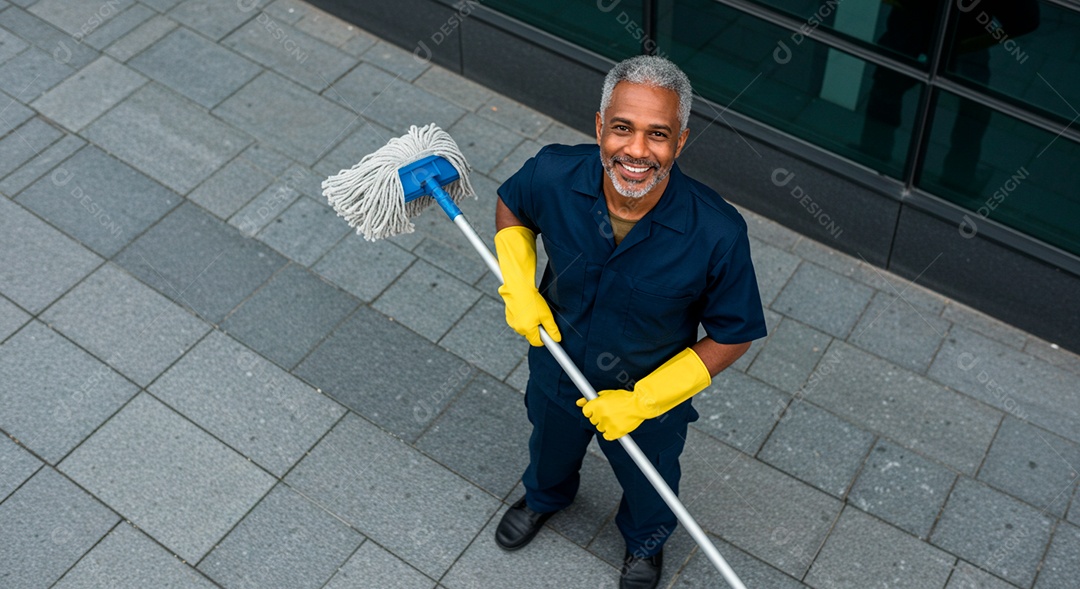 Homem meia idade sorridente limpando a calçada