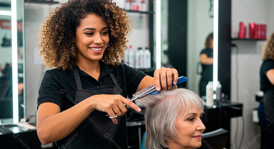 Linda mulher cabelereira atendendo sua cliente cortando cabelo