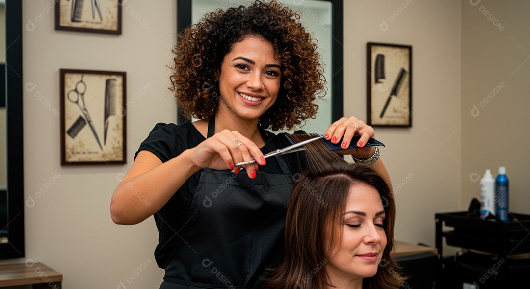Linda mulher cabelereira atendendo sua cliente cortando cabelo