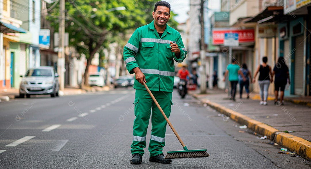 Homem jovem sorridente trabalhando gari