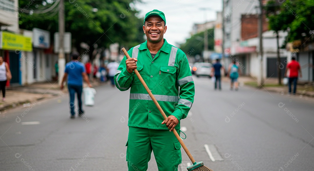 Homem jovem sorridente trabalhando gari
