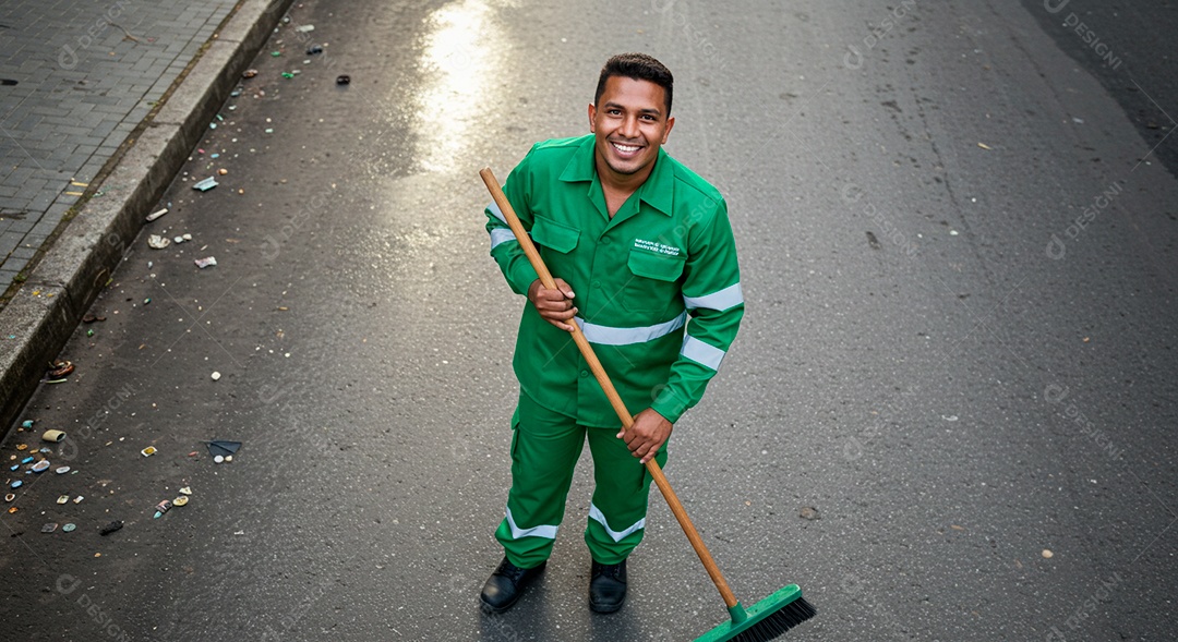 Homem jovem sorridente trabalhando gari