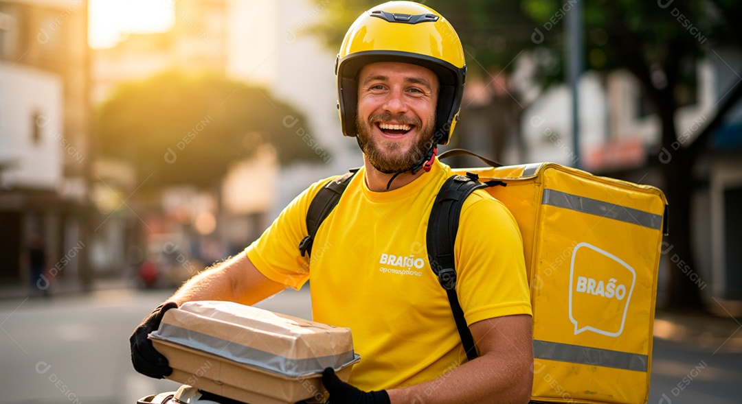 Homem jovem feliz motoboy fazendo entregas