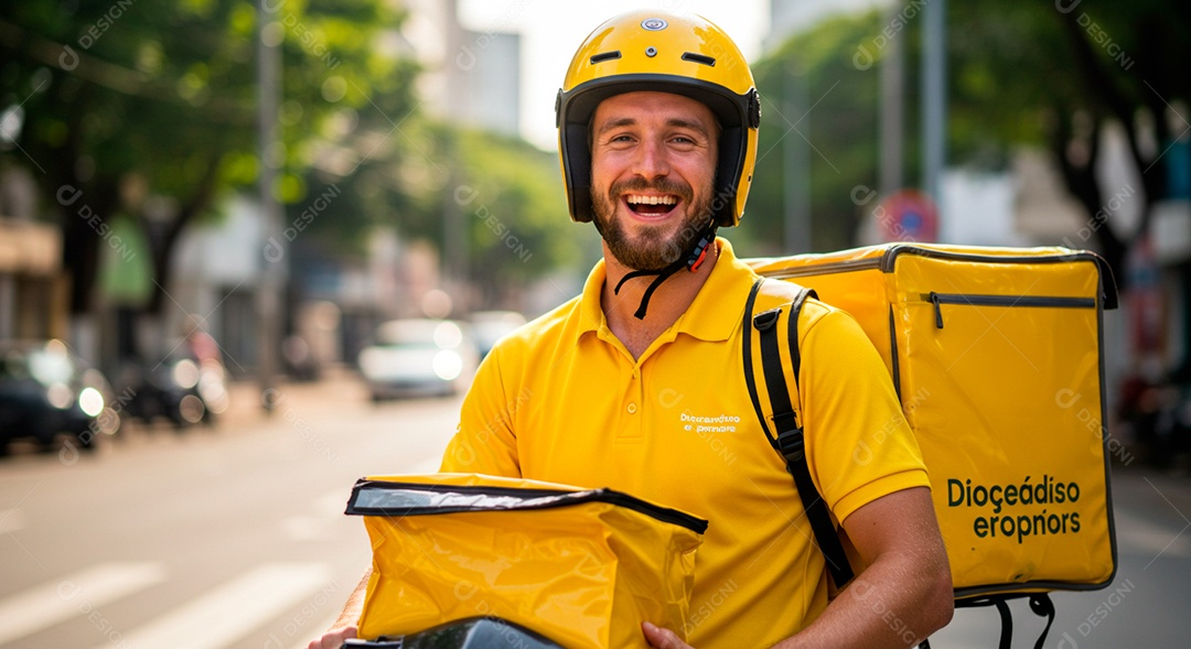 Homem jovem feliz motoboy fazendo entregas