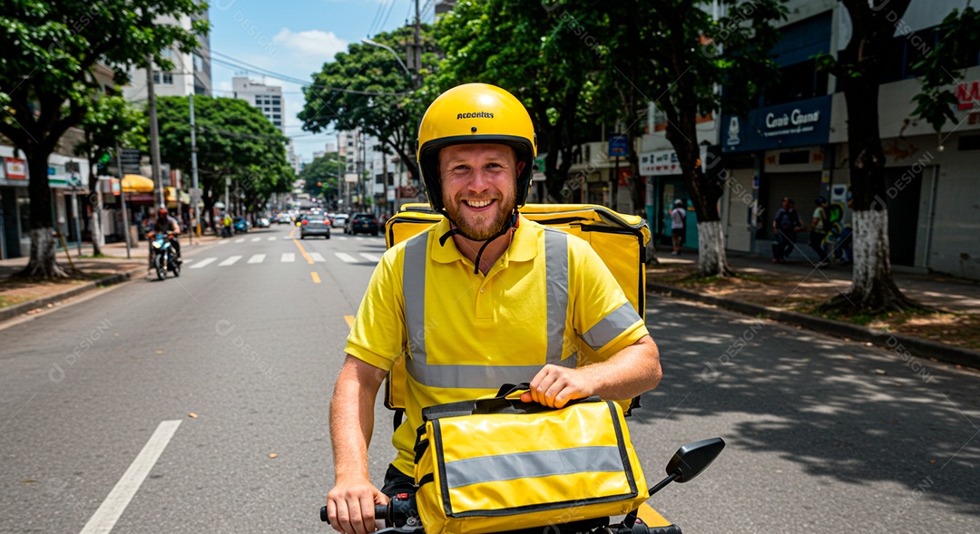 Homem jovem feliz motoboy fazendo entregas